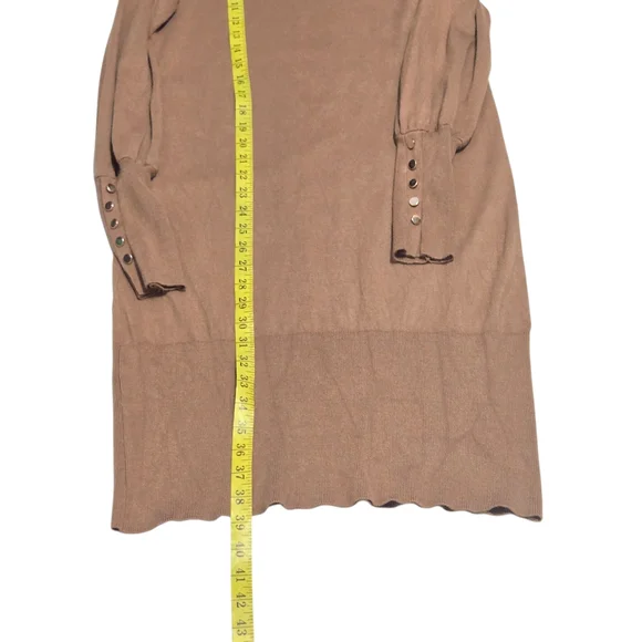 Melanie Lyne Camel Turtleneck Sweater Knit Dress  Gold Button Cuff Size Small - Picture 7 of 8